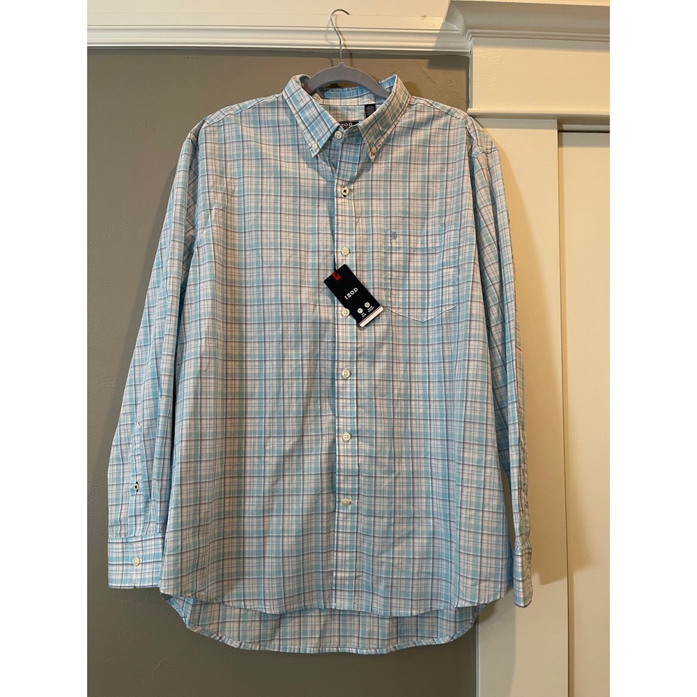 IZOD Mens XL Long Sleeve Button Down Shirt Blue Plaid Soft Touch NWT